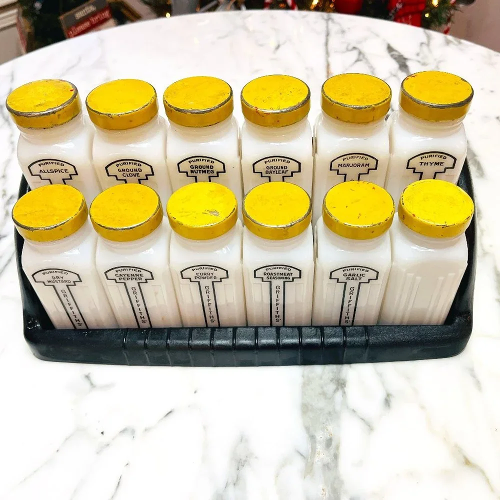 Retro milk glass Griffiths spice jar set of 12